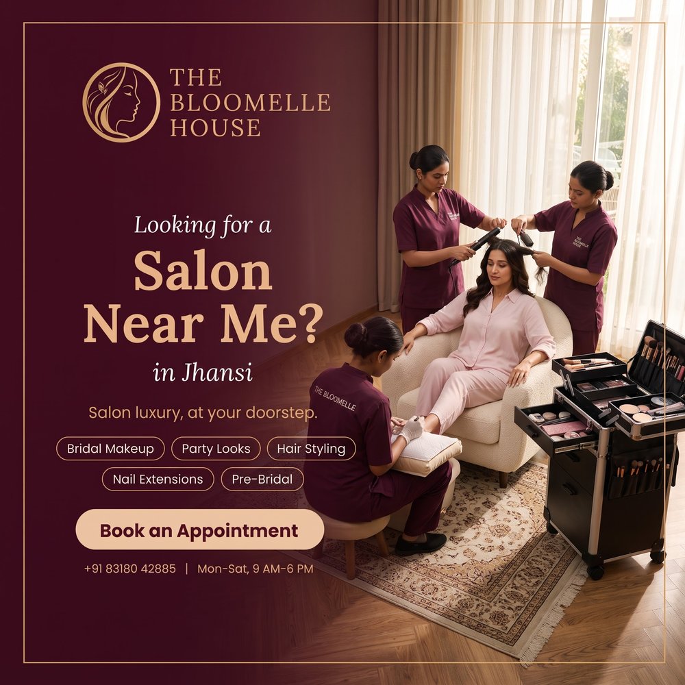 The Bloomelle House – salon at your doorstep in Jhansi. Bridal makeup, party looks, hair styling, nail extensions, pre-bridal.